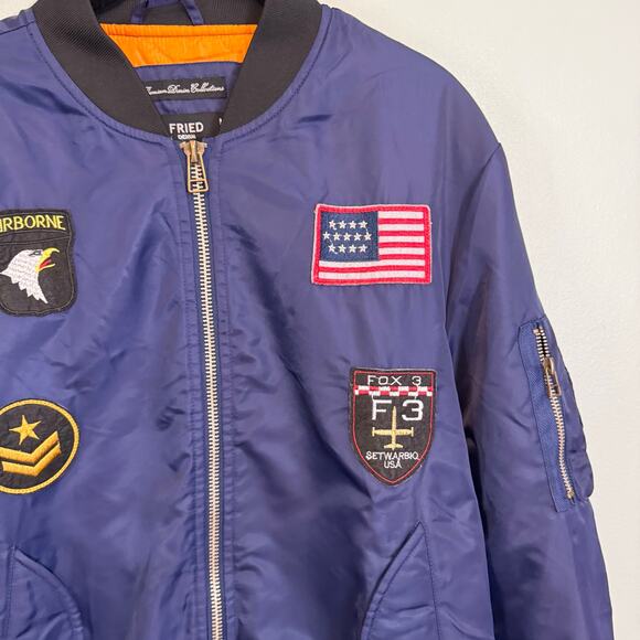 Airborne Fried Denim Bomber Jacket M Blue Flight Airplane Pilot Patches Full Zip - Picture 5 of 9